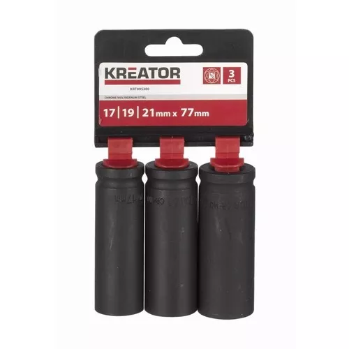 3ks nástrčných hlavic 17-19-21mm prodloužené 1/2" Kreator KRT095200