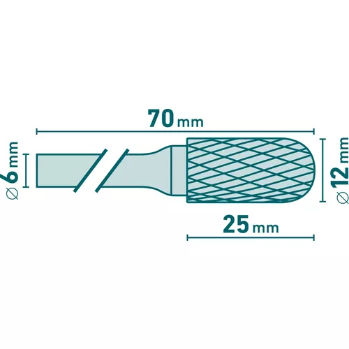 Fréza karbidová, válcová s kulovým čelem, pr.12x25mm/stopka 6mm,sek střední (double-cut) EXTOL INDUSTRIAL 8703725