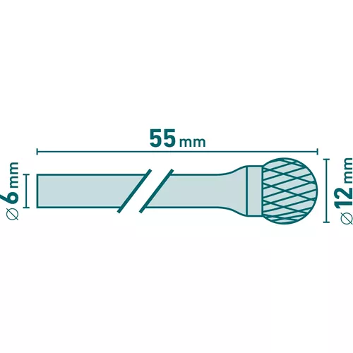 Fréza karbidová, kulová, pr.12mm/stopka 6mm,sek střední (double-cut) EXTOL INDUSTRIAL 8703735