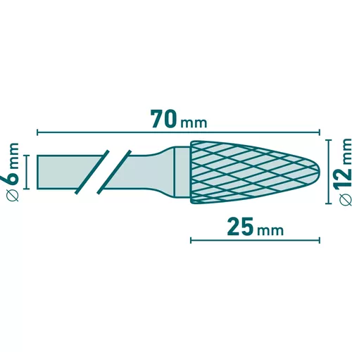 Fréza karbidová, kulatý oblouk, pr.12x25mm/stopka 6mm,sek střední (double-cut) EXTOL INDUSTRIAL 8703755