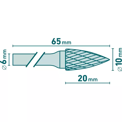 Fréza karbidová, ostrý oblouk, pr.10x20mm/stopka 6mm,sek střední (double-cut) EXTOL INDUSTRIAL 8703764