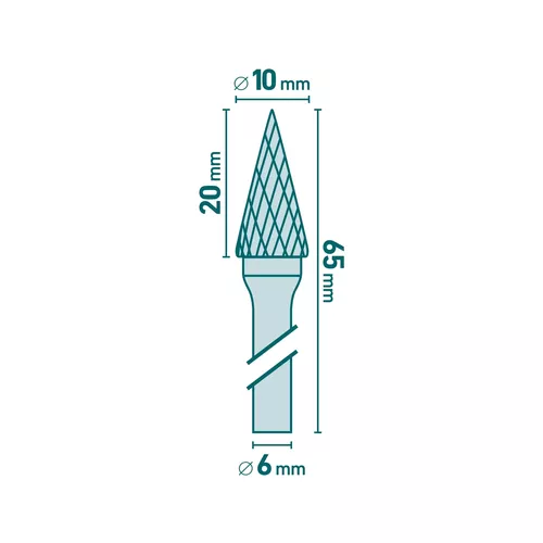 Fréza karbidová, konická-jehlan, pr.10x20mm/stopka 6mm,sek střední (double-cut) EXTOL INDUSTRIAL 8703794