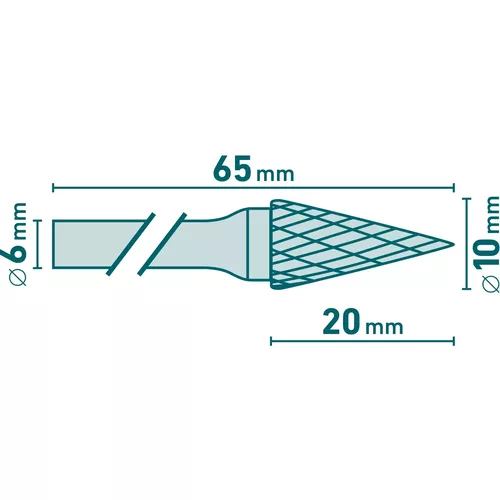 Fréza karbidová, konická-jehlan, pr.10x20mm/stopka 6mm,sek střední (double-cut) EXTOL INDUSTRIAL 8703794