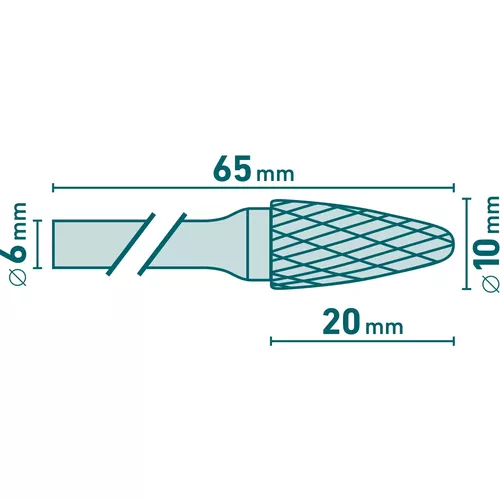 Fréza karbidová, kulatý oblouk, pr.10x20mm/stopka 6mm,sek střední (double-cut) EXTOL INDUSTRIAL 8703754