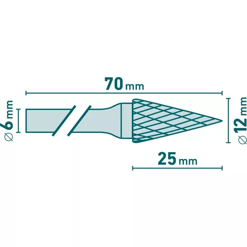 Fréza karbidová, konická-jehlan, pr.12x25mm/stopka 6mm,sek střední (double-cut) EXTOL INDUSTRIAL 8703795