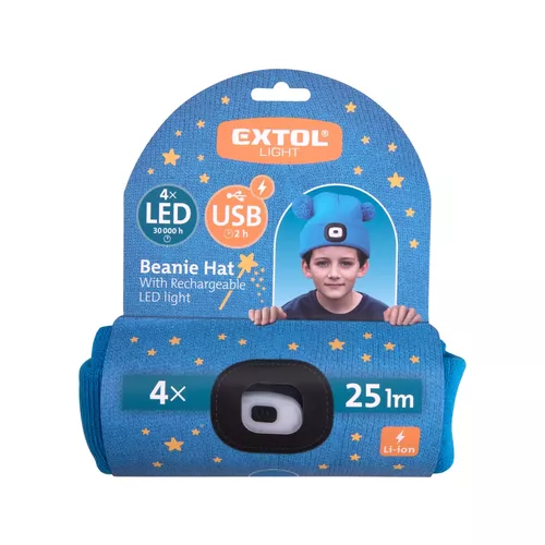 Čepice s čelovkou 4x25lm, usb nabíjení, modrá s bambulemi, dětská EXTOL LIGHT 43459