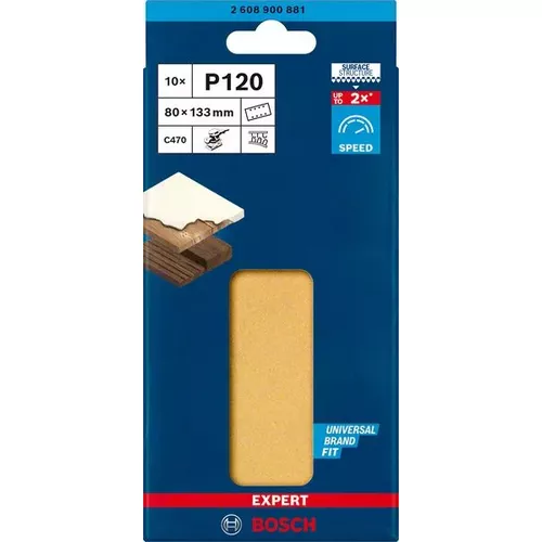 Brusný papír EXPERT C470 s 8 otvory pro vibrační brusky 80 × 133 mm, G 120, 10 ks BOSCH 2608900881