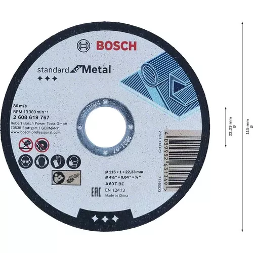 Rovný řezací kotouč Standard for Metal 115 mm, 22,23 mm BOSCH 2608619767