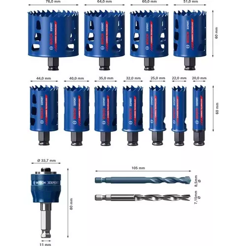 14dílná sada děrovek EXPERT Tough Material 20/22/25/32/35/40/44/51/60/64/76 mm BOSCH 2608900447