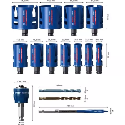 Sada děrovek EXPERT Construction Material 20/22/25/32/35/40/44/51/60/68/76 mm, 15 ks BOSCH 2608900489