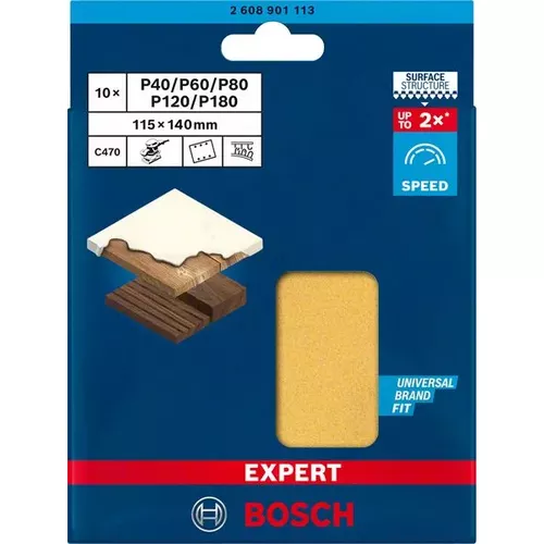 Sada brusných papírů EXPERT C470 pro vibrační brusky 115 × 140 mm, G 2 × 40, 2 × 60, 2 × 80, 2 × 120, 2 × 180, 10 ks BOSCH 2608901113