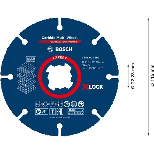 Víceúčelové řezné kotouče EXPERT Carbide Multi Wheel X-LOCK 115 mm, 22,23 mm BOSCH 2608901192