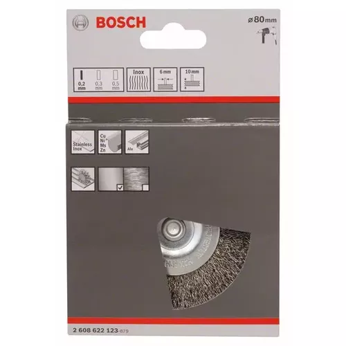 Kotoučový drátěný kartáč, zvlněný drát, 80×0,2 mm, nerezová ocel  BOSCH 2608622123