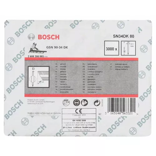 Hřebíky s hlavou tvaru D v pásu SN34DK 80 BOSCH 2608200003