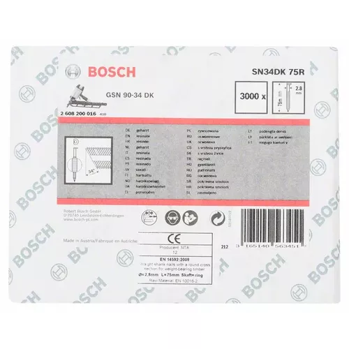 Hřebíky s hlavou tvaru D v pásu SN34DK 75R BOSCH 2608200016