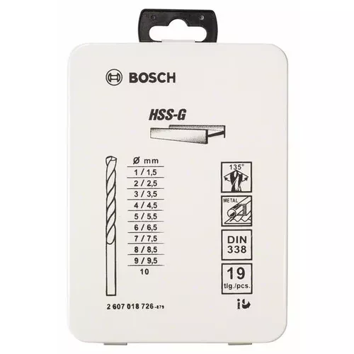 19dílná sada vrtáků do kovu HSS-G, DIN 338, 135° v kovové kazetě, 1–10 mm  BOSCH 2607018726