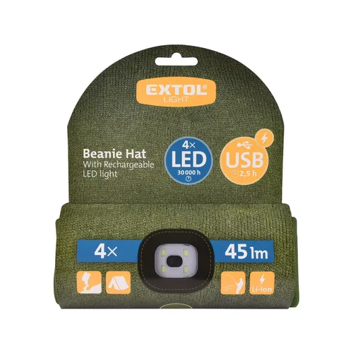 Čepice s čelovkou 4x45lm, usb nabíjení, tmavě zelená, univerzální velikost, 73% acryl a 27% polyester EXTOL LIGHT 43192