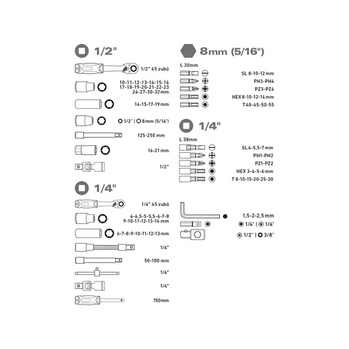 Hlavice nástrčné, sada 94ks, 1/4", 1/2", crv/s2 EXTOL PREMIUM 8818337